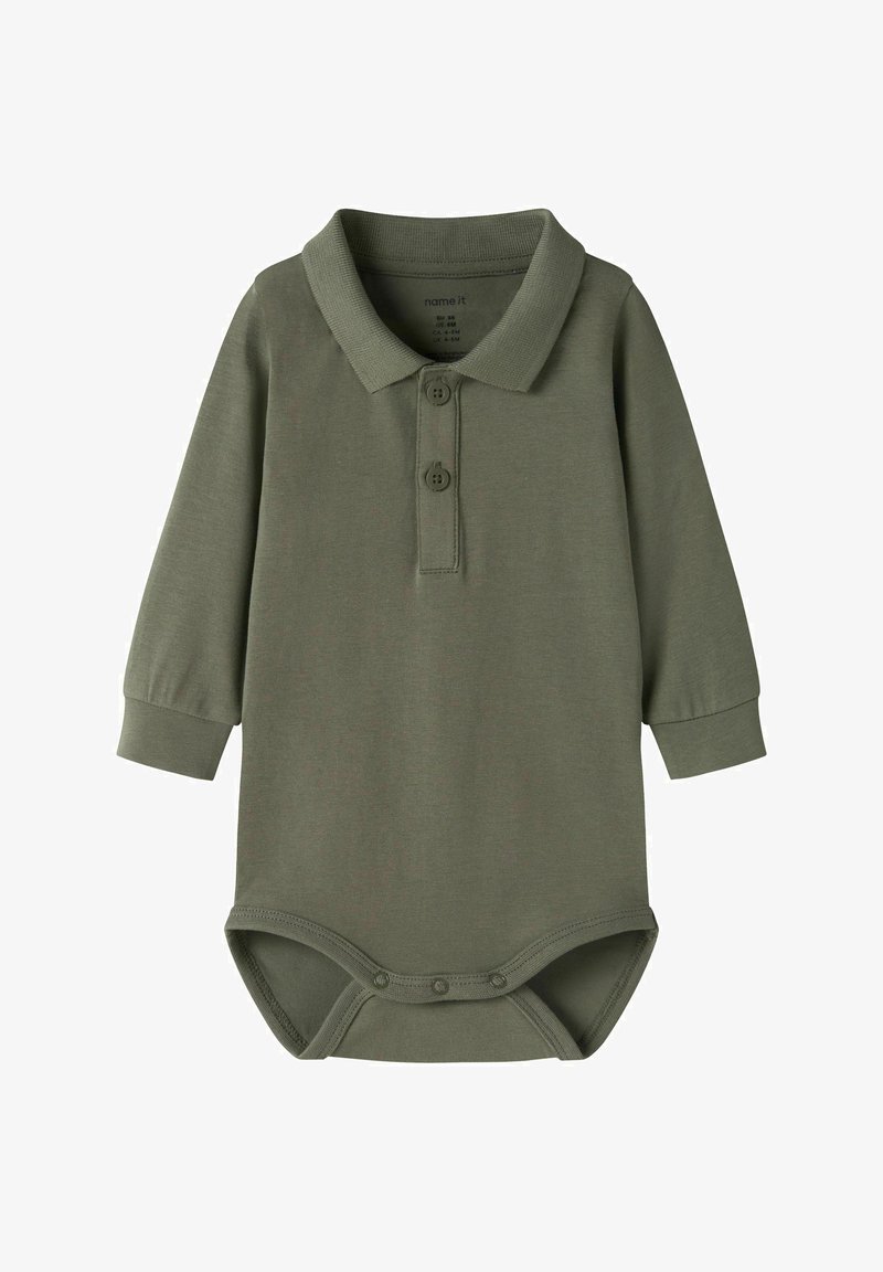 Body bébé à manches longues vert olive avec col, deux boutons sur le devant et pressions en bas.