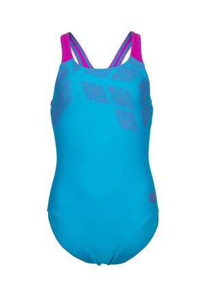 Maillot de bain une-pièce bleu vif avec des bretelles roses et des formes géométriques roses à motifs sur le haut devant.