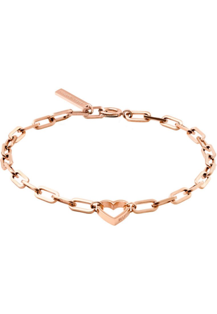 Bracciale a catena in oro rosa con link allungati, un charm a forma di cuore centrale e un piccolo tag per il marchio. Texture liscia con finitura lucida.