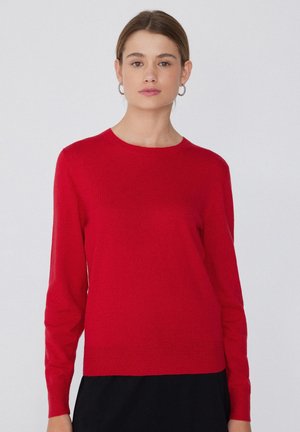 Junge Frau mit braunen Haaren trägt einen schlichten roten Pullover mit langen Ärmeln und silberne Creolen, sie blickt nach vorne vor einem schlichten Hintergrund.