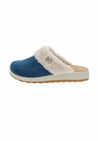 Zapatilla de corduroy azul con un puño de peluche sintético, de color beige, que presenta un detalle de logo redondo y una suela de goma texturizada.