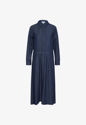 Robe chemise en denim, manches longues, col classique, couleur bleu foncé, devant à boutons, ceinture à la taille pour un ajustement, jupe de longueur genou.