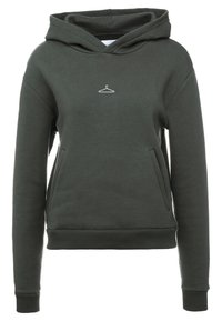 Tmavě zelená mikina s kapucí vyrobená z bavlněné směsi, s přední kapsou, žebrovanými manžetami a malým bílým logem na ramínku na hrudi.