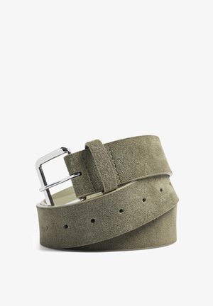 Olive green suede belt with a silver metal buckle, featuring multiple holes for adjustment and a textured finish.