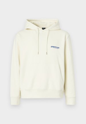 Haut à capuche de couleur crème avec une poche frontale, un capuchon à cordon de serrage et un logo bleu sur la poitrine. Tissu doux avec une coupe décontractée et des poignets côtelés.