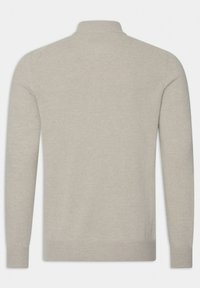 Lichtbeige trui met een polokraag, lange mouwen en geribde manchetten en zoom. Gladde textuur zonder zichtbare patronen of accenten.