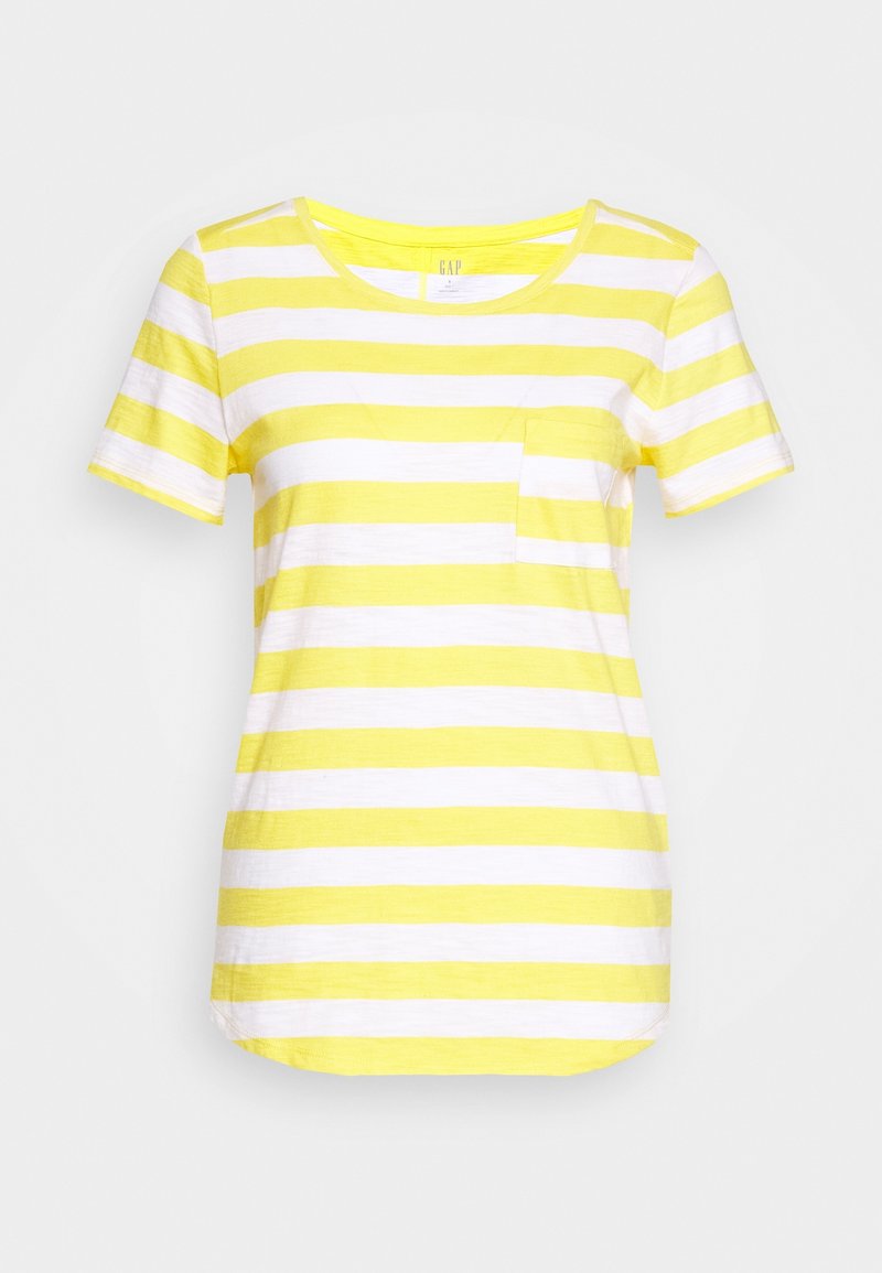 T-shirt à manches courtes jaune et blanc à rayures horizontales, col rond et petite poche poitrine.