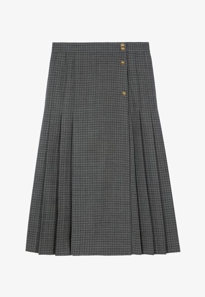 Jupe grise à carreaux, longueur genoux, en tissu avec un design plissé. Dispose de trois boutons dorés à l'avant pour la fermeture.