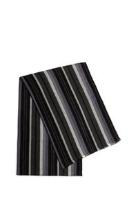 Gestreepte sjaal met zwarte, grijze en paarse kleuren; gemaakt van zachte stof met een gestructureerde afwerking en franjes aan de randen.