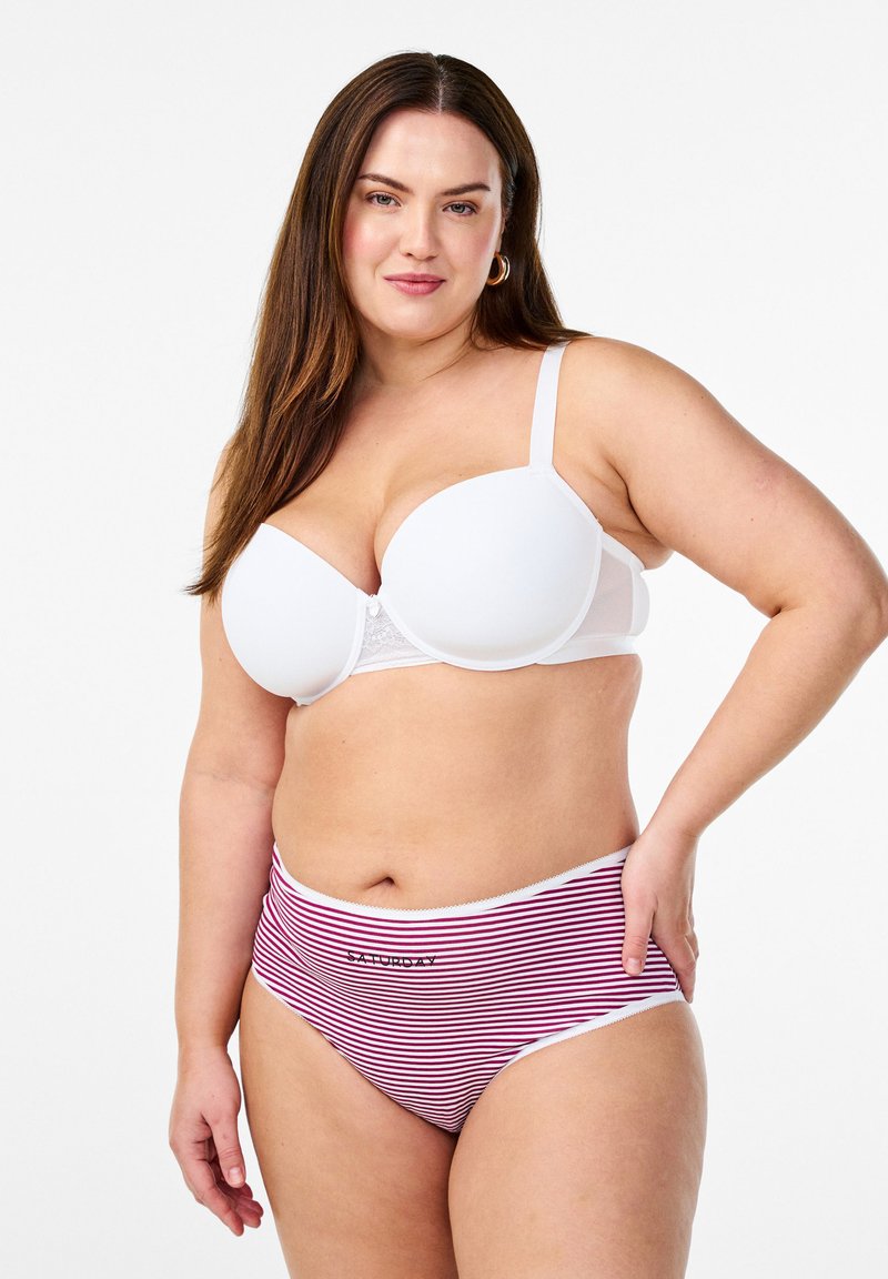 White padded bra with floral lace trim and adjustable straps, paired with pink and white striped high-waisted brief featuring "SATURDAY" logo.