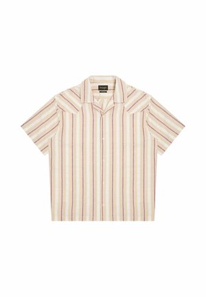 Camicia a maniche corte con bottoni, realizzata in tessuto leggero color crema con righe verticali in rosa pallido e lavanda. Presenta un colletto a punta.