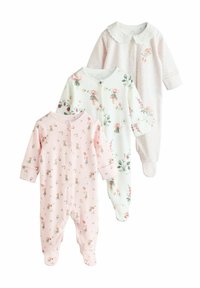 Three baby onesies: a pink one with fairy prints, a white one with floral designs, and a light pink one with a textured collar and polka dots.