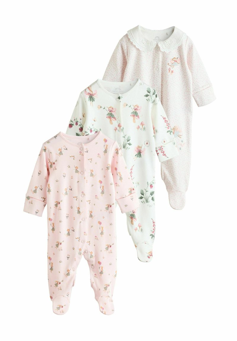 Three baby onesies: a pink one with fairy prints, a white one with floral designs, and a light pink one with a textured collar and polka dots.