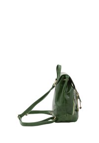 Borsa a spalla in pelle verde con texture liscia, dotata di una tasca laterale con zip e di una tracolla regolabile. Forma arrotondata con dettagli dorati.