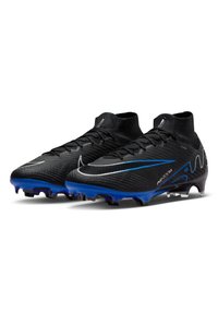 Black football boots with a textured upper, blue accents, and a high ankle collar. Features a transparent sole with studded grip.