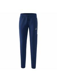 Marineblauwe sportbroek met een elastische tailleband, verstelbaar trekkoord, zijzakken met rits en contrasterende witte accenten aan de zijkanten.