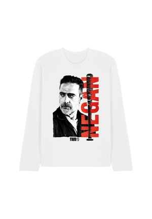 Weißes Langarmshirt mit einem schwarz-weißen Männergesicht, großem roten Schriftzug "NEGAN" und einer Grafik eines mit Stacheldraht umwickelten Baseballschlägers.