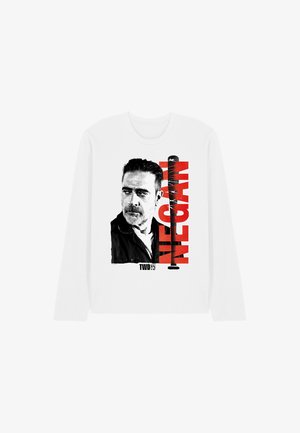 Weißes Langarmshirt mit einem schwarz-weißen Männergesicht, großem roten Schriftzug "NEGAN" und einer Grafik eines mit Stacheldraht umwickelten Baseballschlägers.
