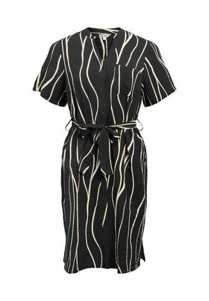 Robe noire à manches courtes, boutonnée à l'avant, avec une taille ceinturée. Présente un motif abstrait en lignes blanches et une poche poitrine unique. Tissu texturé.