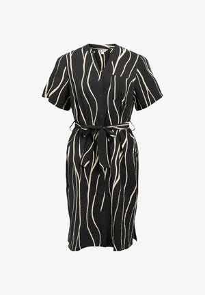 Robe noire à manches courtes, boutonnée à l'avant, avec une taille ceinturée. Présente un motif abstrait en lignes blanches et une poche poitrine unique. Tissu texturé.