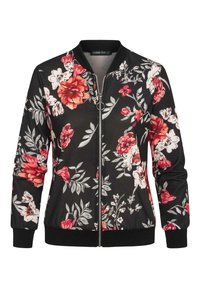 Veste bomber florale en tissu noir avec des fleurs rouges et blanches, fermeture éclair à l'avant, poignets et ourlet côtelés. Texture douce et design léger.