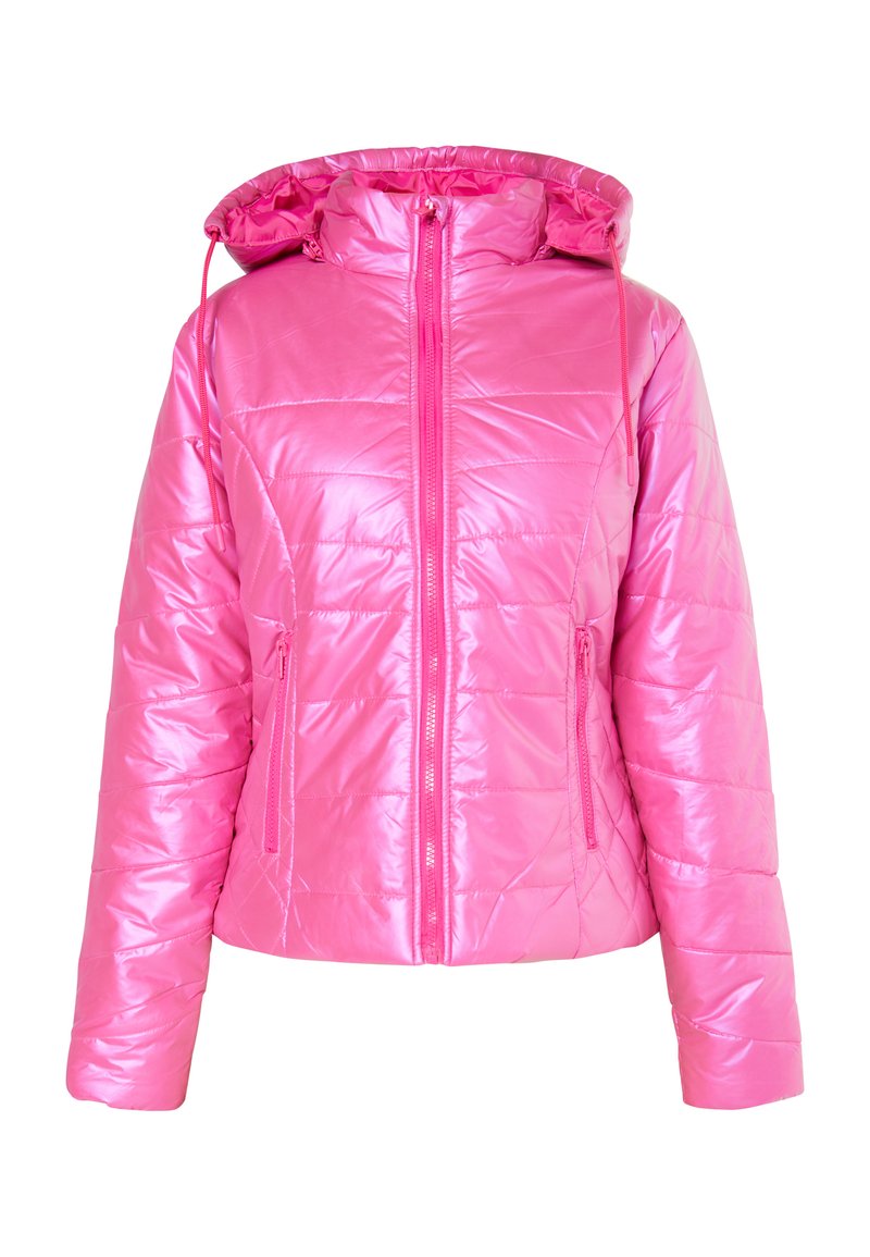 Giacca rosa imbottita con una texture lucida e liscia, chiusura a zip, cappuccio regolabile e due tasche laterali con zip.