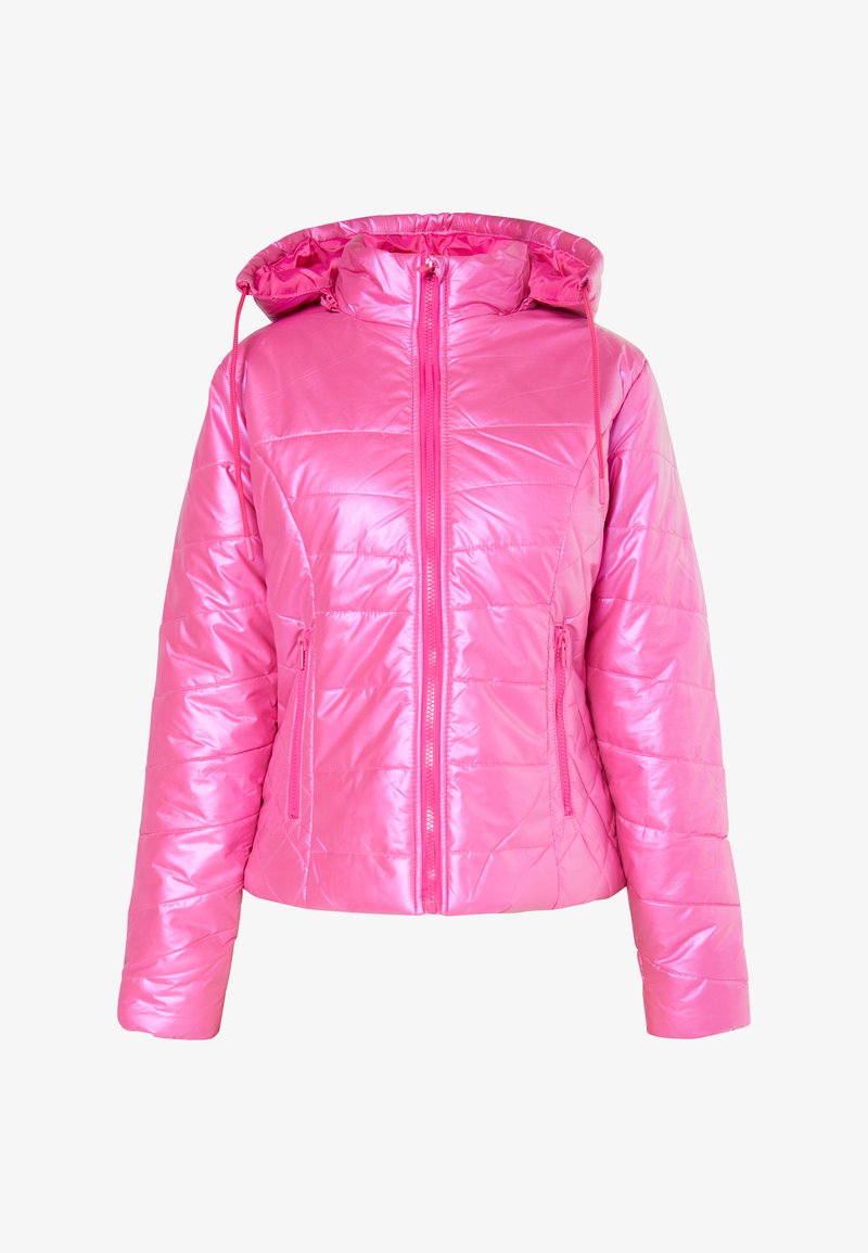 Švelni rožinė striukė, su paminkštinimu, blizgiu lygia tekstūra, užtrauktuku, reguliuojama kapuce ir dviem užtrauktukais uždaromom šoninėm kišenėm.