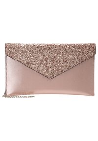 Vaaleanpunakultainen kirjekuoripussukka, jossa on kimaltava yläläppä ja sileä alaosa. Mukana on ketjuhihna monipuolisia kantovaihtoehtoja varten.