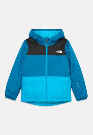 Modra in črna kapucijska jakna z sprednjim zadrgo, elastičnimi manšetami in logotipom The North Face na prsih, zasnovana za otroke.