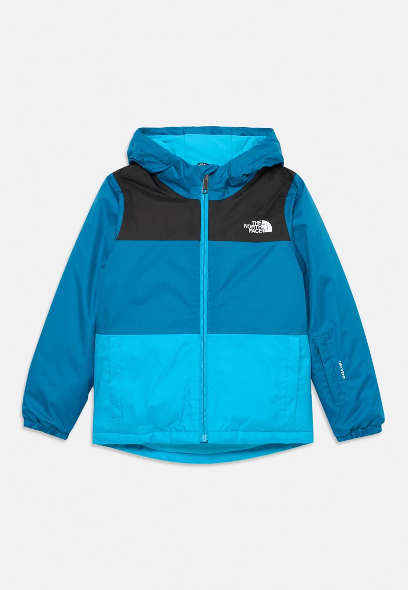 Mėlyna ir juoda gobtuvinė striukė su priekiu užtraukiama užtrauktuku, elastinėmis rankovėmis ir "The North Face" logotipu ant krūtinės, skirta vaikams.