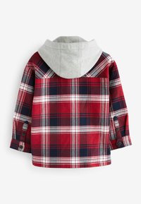 Rutig skjorta i röd och marinblå med grå huva, som har långa ärmar och knappade manschetter, texturerad tyg och en något avslappnad passform.