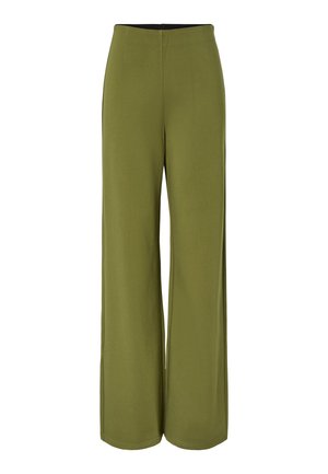 Pantalones de pierna ancha verde oliva con cintura alta y tela suave, exhibidos sobre un fondo blanco.