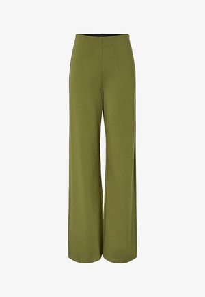 Pantalones de pierna ancha verde oliva con cintura alta y tela suave, exhibidos sobre un fondo blanco.