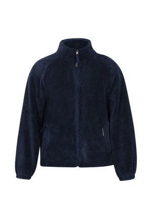 Marineblaue Fleecejacke mit hohem Kragen, Frontreißverschluss und seitlichen Taschen. Verfügt über strukturierten Stoff und elastische Bündchen für eine enganliegende Passform.