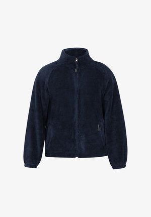 Marineblaue Fleecejacke mit hohem Kragen, Frontreißverschluss und seitlichen Taschen. Verfügt über strukturierten Stoff und elastische Bündchen für eine enganliegende Passform.
