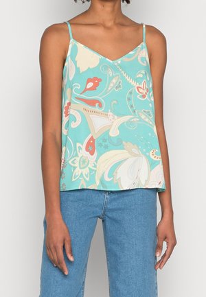 Miętowa, bezrękawnikowa bluzka z dekoltem w kształcie litery V, zdobiona kwiatowym i paisleyowym wzorem w kolorze koralowym, kremowym i szmaragdowym. Wykonana z miękkiego materiału.