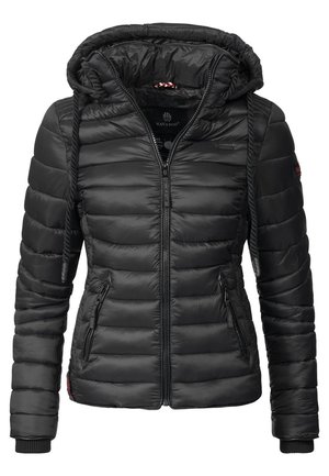 Black puffer jacket with a hood, featuring quilted sections, a central zipper, and two side zippered pockets. Textured nylon material.