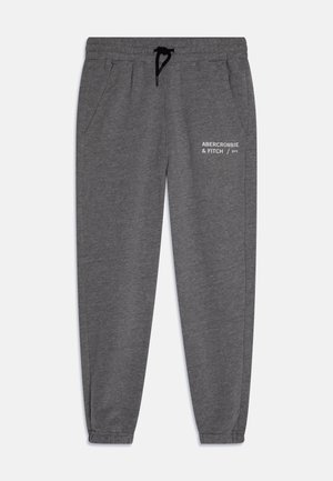 Ciemnoszare spodnie dresowe z elastycznym pasem i czarnym sznurkiem, kieszeniami po bokach, ściągaczami u dołu nogawek i napisem "Abercrombie & Fitch NYC" na udzie.