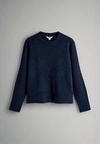 Tmavě modrý plyšový pletený svetr s dlouhými rukávy a kulatým výstřihem. Tkanina má strukturovaný povrch a volný střih.