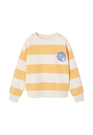 Long-sleeve sweater with wide horizontal yellow and white stripes, featuring blue text "SURF SKATE SUN LA" on the left chest.
