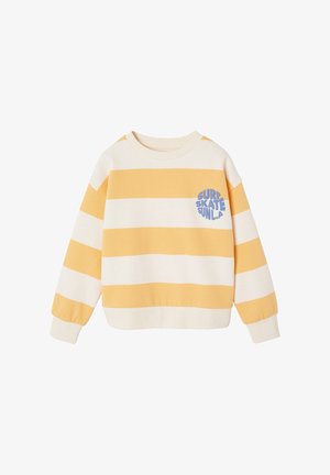 Langärmeliges Sweatshirt mit breiten horizontalen gelben und weißen Streifen, mit blauem Text "SURF SKATE SUN LA" auf der linken Brust.