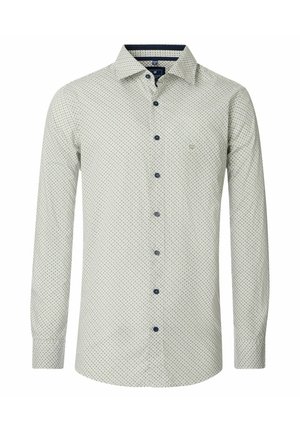 Langærmet hvid skjorte med lille blåt geometrisk mønster, marineblå knapper, spredt krave og slank pasform.