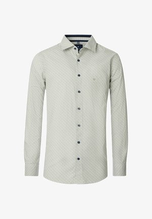 Wit shirt met lange mouwen en klein blauw geometrisch patroon, marineblauwe knopen, brede kraag en slanke pasvorm.