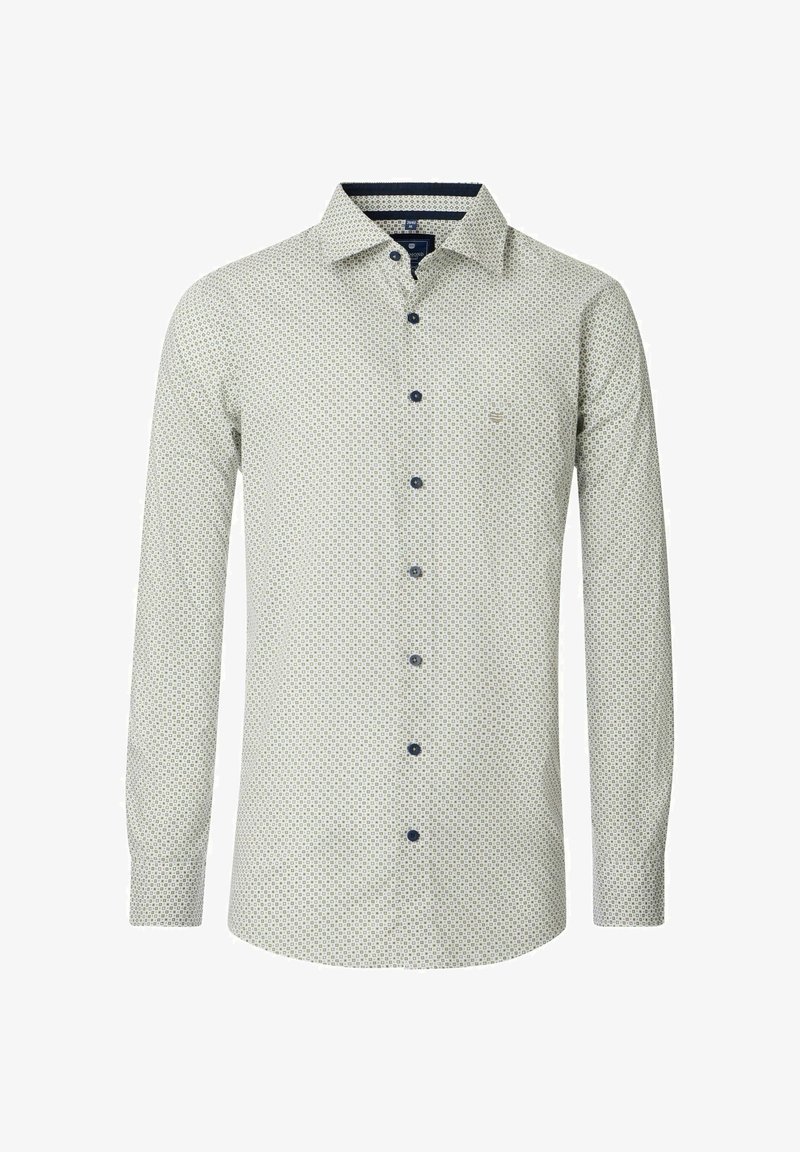 Biała koszula z długim rękawem, z drobnym niebieskim wzorem geometrycznym, granatowymi guzikami, kołnierzykiem typu spread oraz dopasowanym krojem.