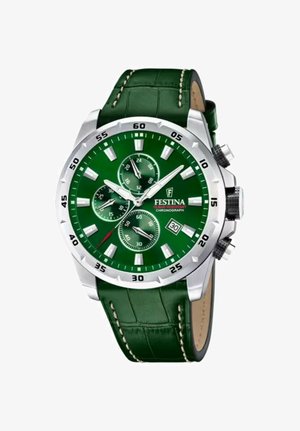 Grüne Chronographuhr mit silbernen Akzenten, ausgestattet mit einem strukturierten grünen Lederarmband, einem grünen Zifferblatt und mehreren Unterzifferblättern.