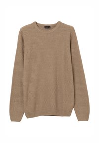 Maglione beige lavorato a maglia con una texture a costine, scollo rotondo e maniche lunghe. Presenta una forma rettangolare e dettagli di stile sottili.