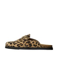 Leopard-print slip-on clogs in tan and black suede, featuring a gold-tone buckle and a cork-accented footbed with a textured black sole.