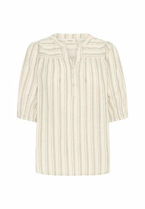 Blouse ample en crème avec des rayures verticales vertes, dotée d'un col en V, de manches courtes bouffantes et d'un détail de boutons à l'avant.
