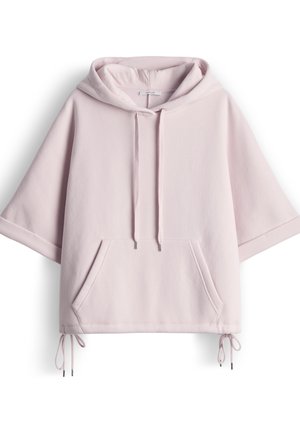 Hellrosa kurzärmliger Hoodie mit vorderer Kängurutasche, verstellbaren Kordeln am Saum und an der Kapuze, aus weichem Stoff.