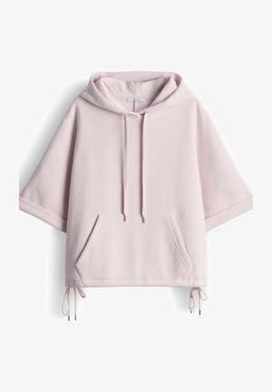 Hellrosa kurzärmliger Hoodie mit vorderer Kängurutasche, verstellbaren Kordeln am Saum und an der Kapuze, aus weichem Stoff.